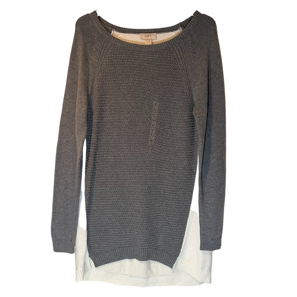 Ann Taylor Loft Gray White Tunic Sweater Raglan Boatneck Waffle Knit Women L NEW